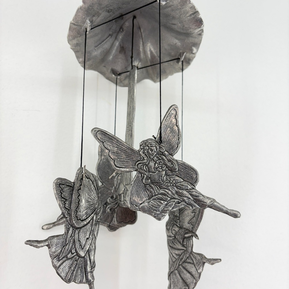 Vintage 90s Carson Silver Pewter Fairy Wind Chime Mushroom Cap Whimsical Cottage
